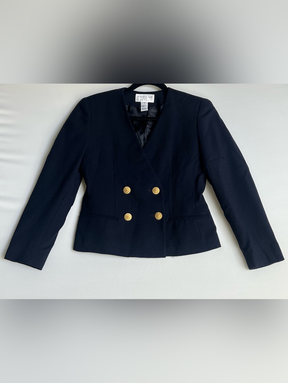 Saville Petite 100% Wool Navy Double Breasted Blazer Gold Crest Buttons 4P